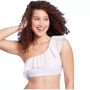*SWIM SALE Kona Sol White One Shoulder Ruffle Eyelet Swim Top Bikini S (4-6) NWT